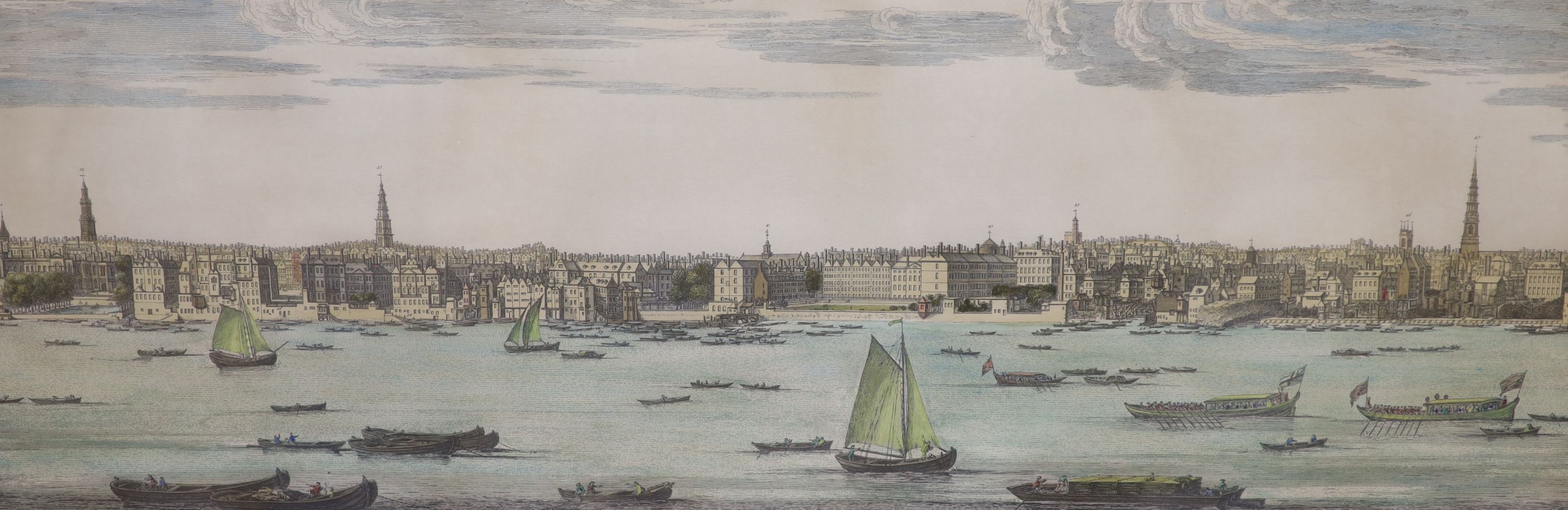 A set of 4 colour prints after S & N Buck, London viewed from The Thames, overall 32 x 81cm